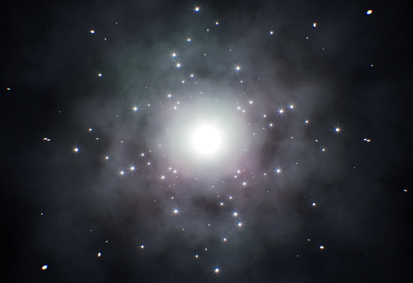 A white dwarf star shining in space surrounded by smaller stars