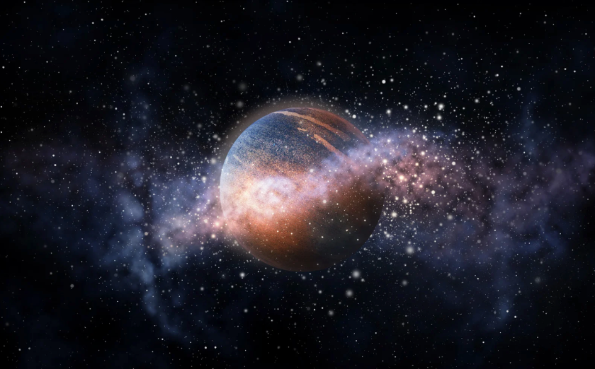 A blue and brown striped planet covered in a dust cloud