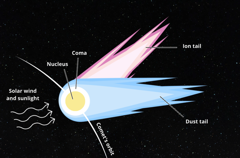 A depiction of a comet: its tails, coma and nucleus