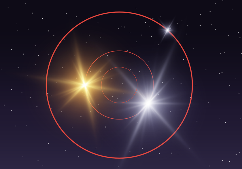 A graphic image of three stars orbiting one centre of mass