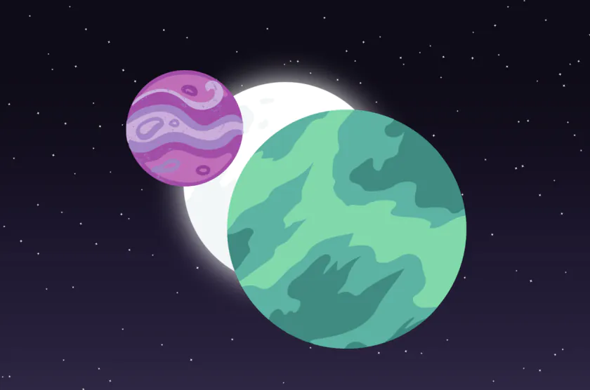 A graphic image of a bright white star behind a big green planet and small purple planet