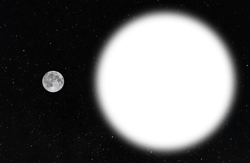 A graphic image of a bright white star near the small Moon