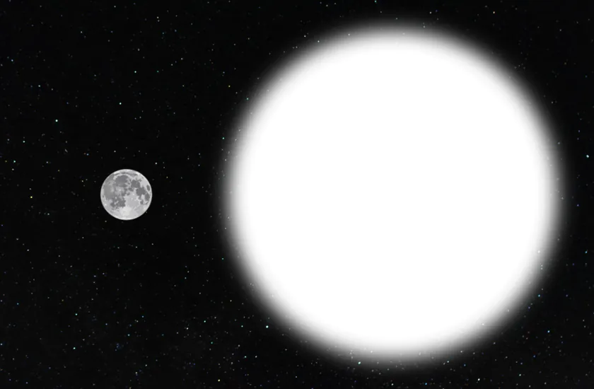 A graphic image of a bright white star near the small Moon