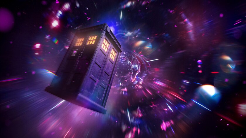 TARDIS from Doctor Who floating in space surrounded by purple, pink and blue colors