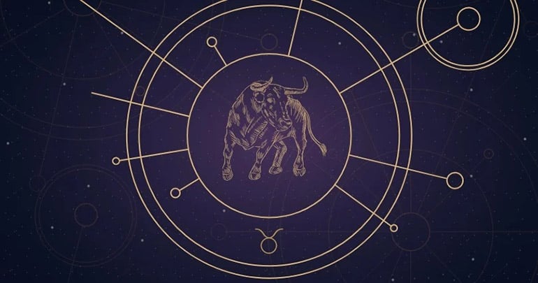 Taurus zodiac sign painting and icon within a mystical wheel. 