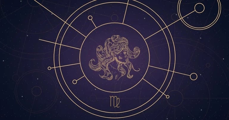 Virgo zodiac sign painting and icon within a mystical wheel. 