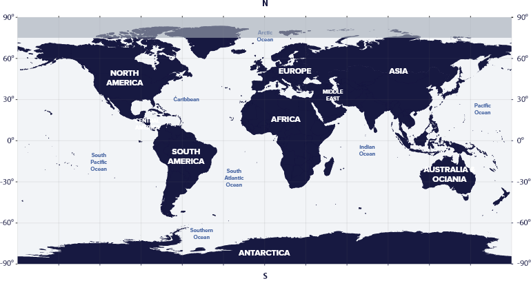 World map with latitudes showing the visibility of the Monoceros Constellation in the Southern and Northern hemispheres.