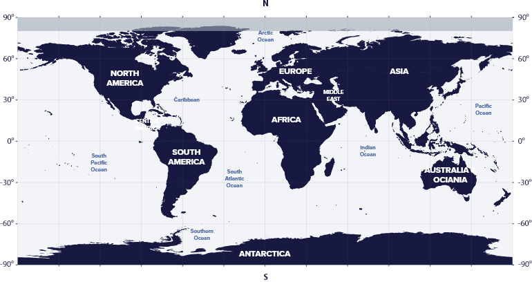 World map with latitudes showing the visibility of the Sextans Constellation in the Southern and Northern hemispheres.