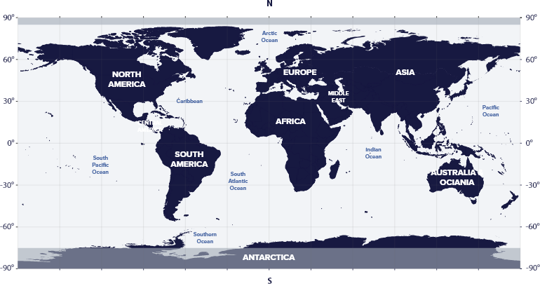 World map with latitudes showing the visibility of the Orion Constellation in the Southern and Northern hemispheres.