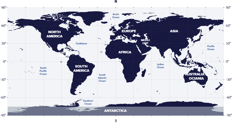 World map with latitudes showing the visibility of the Canis Minor Constellation in the Southern and Northern hemispheres.