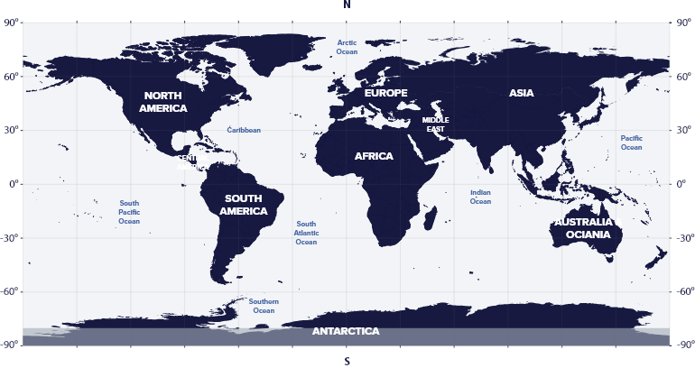 World map with latitudes showing the visibility of the Equuleus Constellation in the Southern and Northern hemispheres.