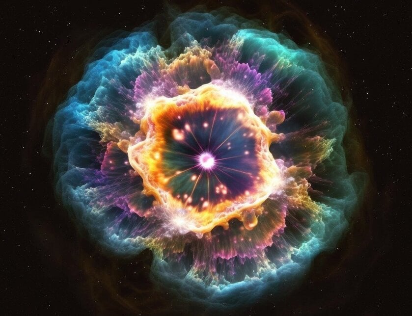 Supernova explosion in all colors of the rainbow with a purple star in the middle