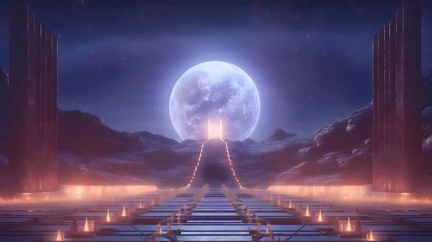 A Moon showing from the horizon in front of a lit up temple stairs