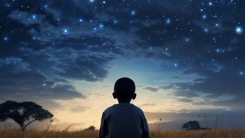 A boy standing facing the skies full of bright blue stars