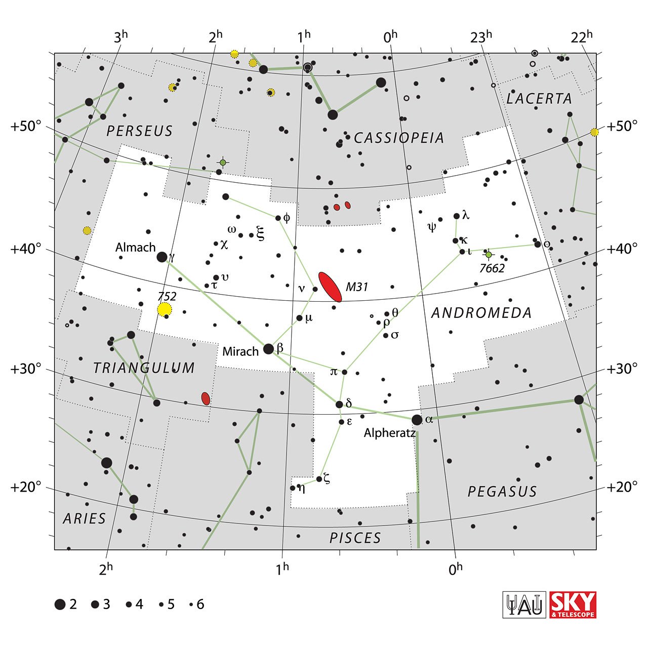 The location of the Andromeda Constellation is displayed in a star map by IAU from the Sky & Telescope magazine.