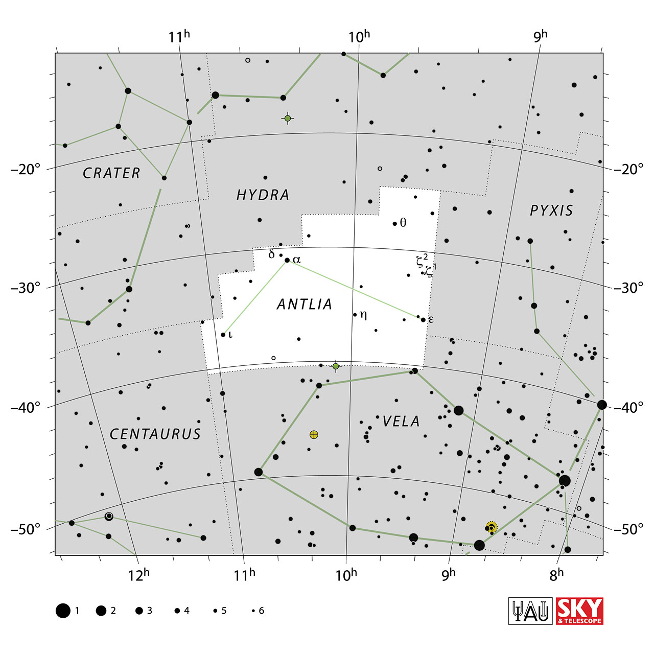 The location of the Antlia Constellation is displayed in a star map by IAU from the Sky & Telescope magazine.