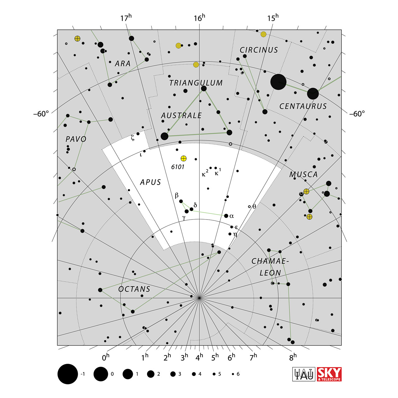 The location of the Apus Constellation is displayed in a star map by IAU from the Sky & Telescope magazine.