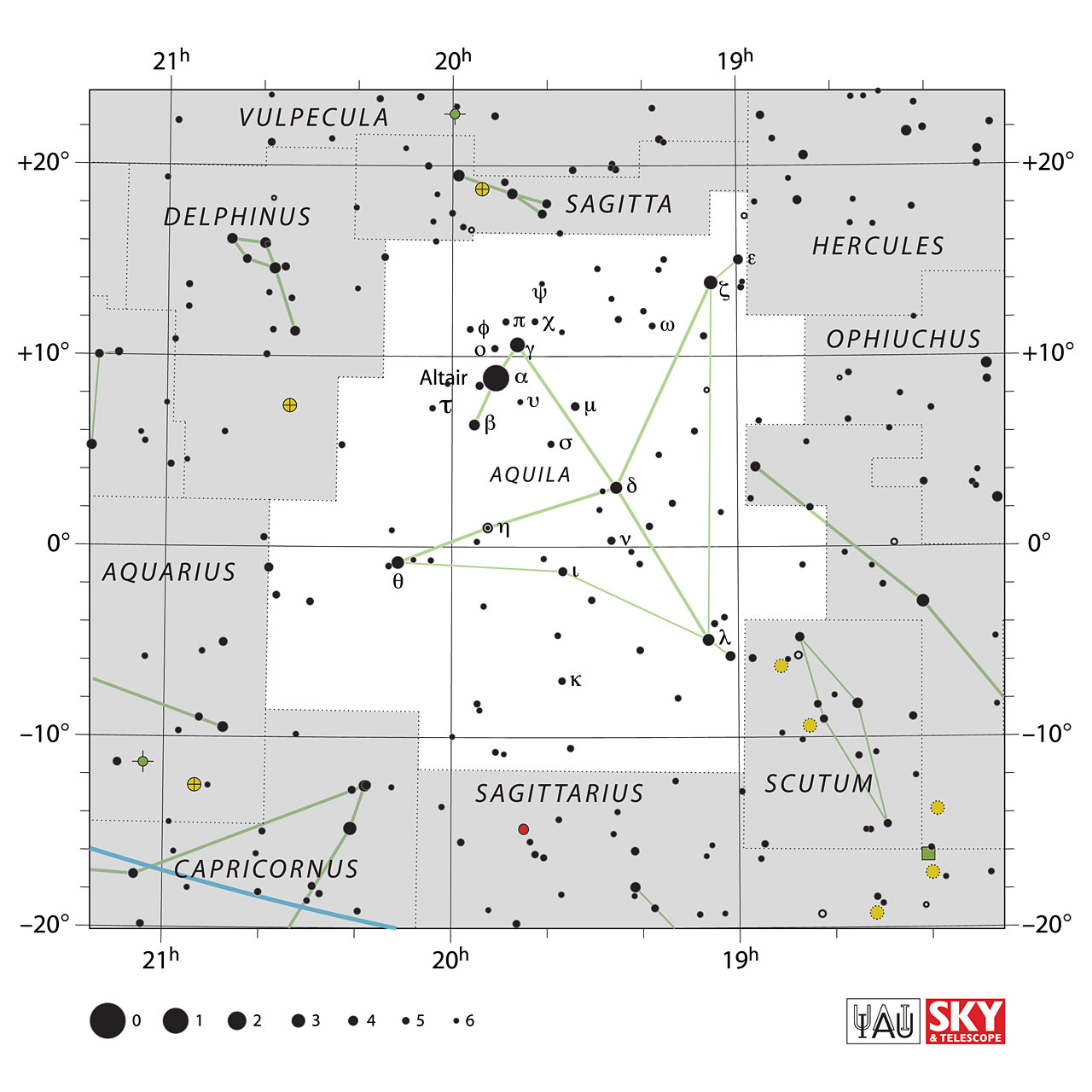 The location of the Aquila Constellation is displayed in a star map by IAU from the Sky & Telescope magazine.