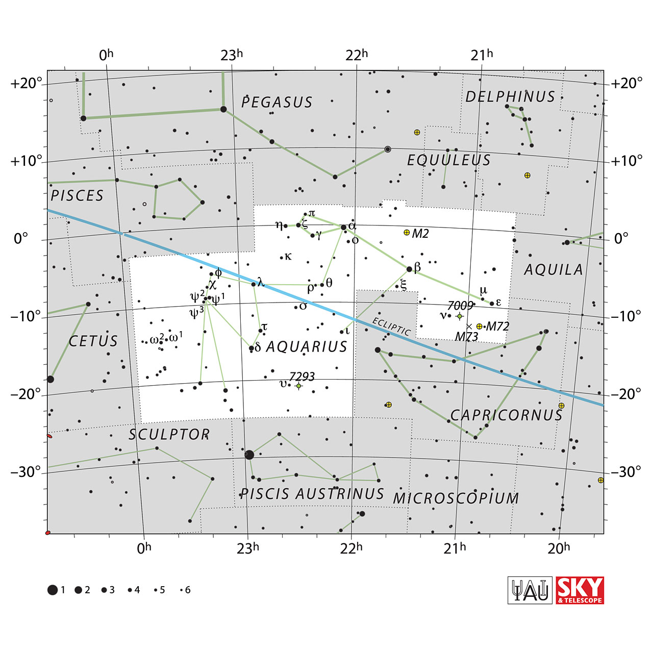 The location of the Aquarius Constellation is displayed in a star map by IAU from the Sky & Telescope magazine.