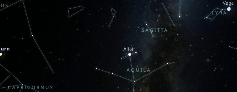 The shape and the main stars of Aquila constellation alongside the neighboring constellations in outer space.