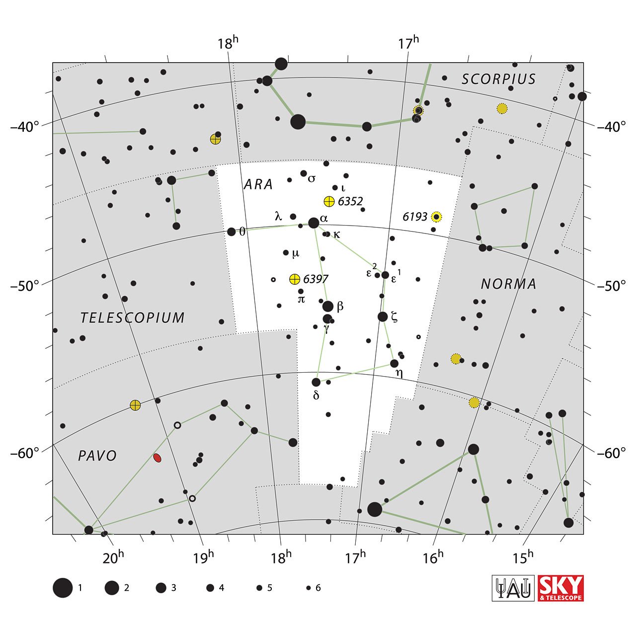 The location of the Ara Constellation is displayed in a star map by IAU from the Sky & Telescope magazine.