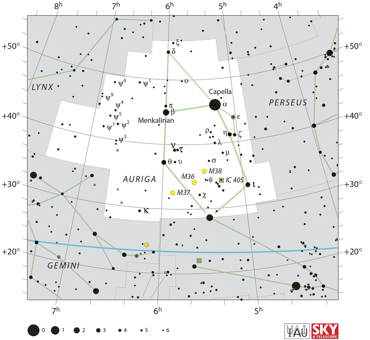 The location of the Auriga Constellation is displayed in a star map by IAU from the Sky & Telescope magazine.