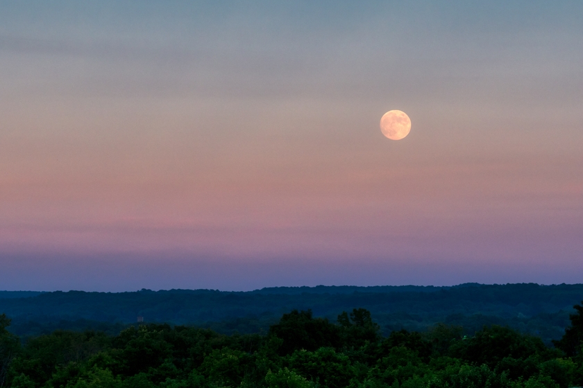 Moon rising in the distance of purple, pink and orange colored sky