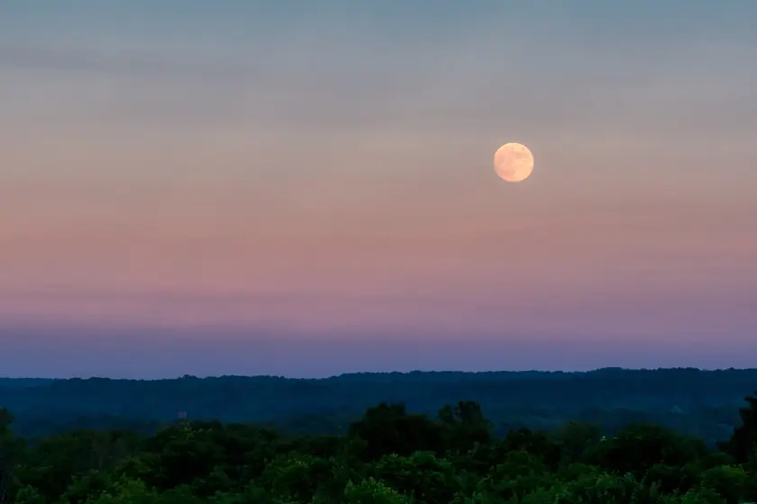 Moon rising in the distance of purple, pink and orange colored sky