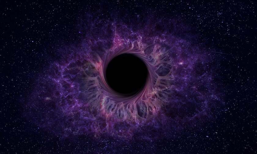 A black hole with purple cloud around it floating in black space