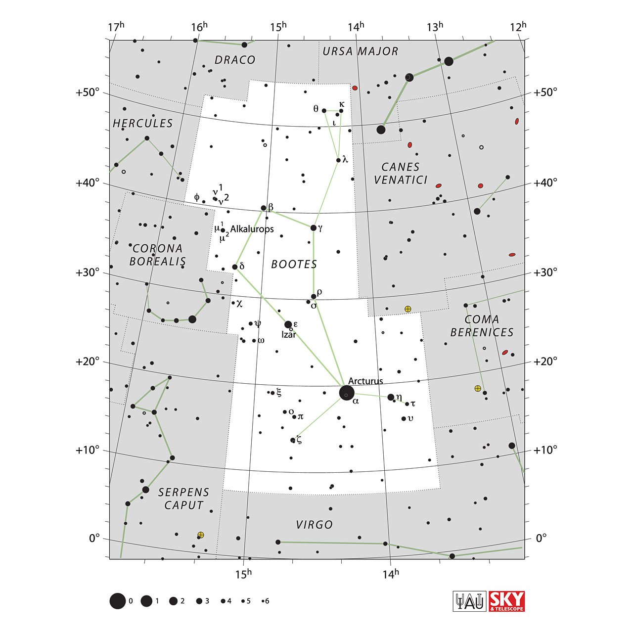 The location of the Bootes Constellation is displayed in a star map by IAU from the Sky & Telescope magazine.