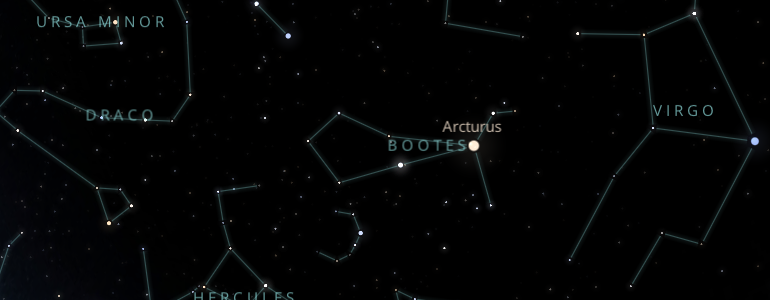 The shape and the main stars of Bootes constellation alongside the neighboring constellations in outer space.