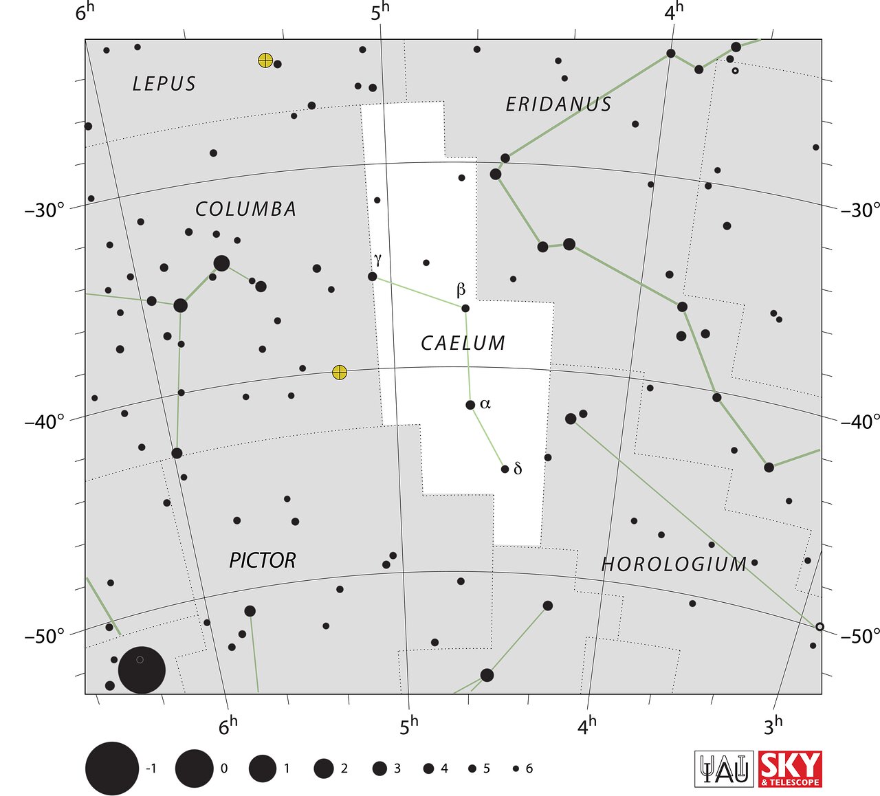 The location of the Caelum Constellation is displayed in a star map by IAU from the Sky & Telescope magazine.