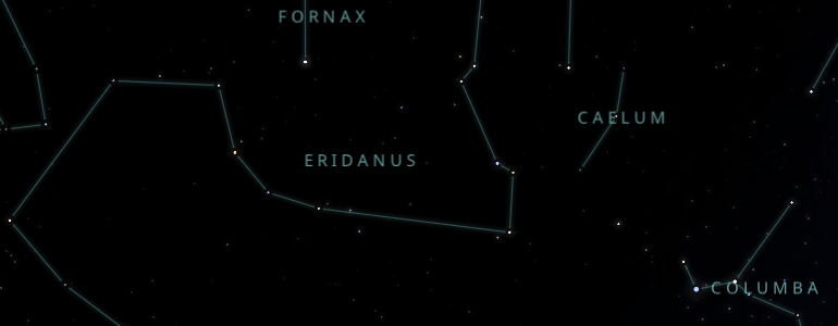 The shape and the main stars of Caelum constellation alongside the neighboring constellations in outer space.