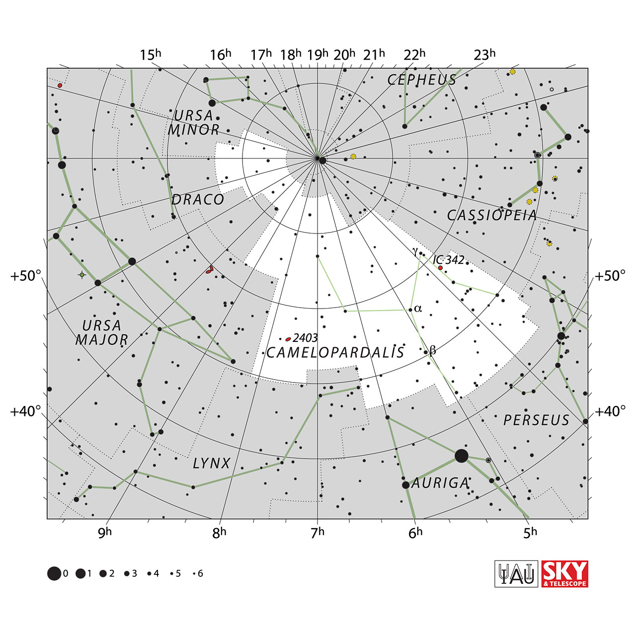 The location of the Camelopardalis Constellation is displayed in a star map by IAU from the Sky & Telescope magazine.