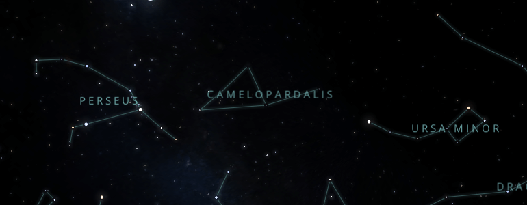 The shape and the main stars of Camelopardalis constellation alongside the neighboring constellations in outer space.