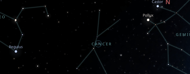 The shape and the main stars of Cancer constellation alongside the neighboring constellations in outer space.