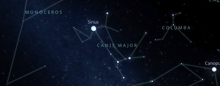 The shape and the main stars of Canis Major constellation alongside the neighboring constellations in outer space.