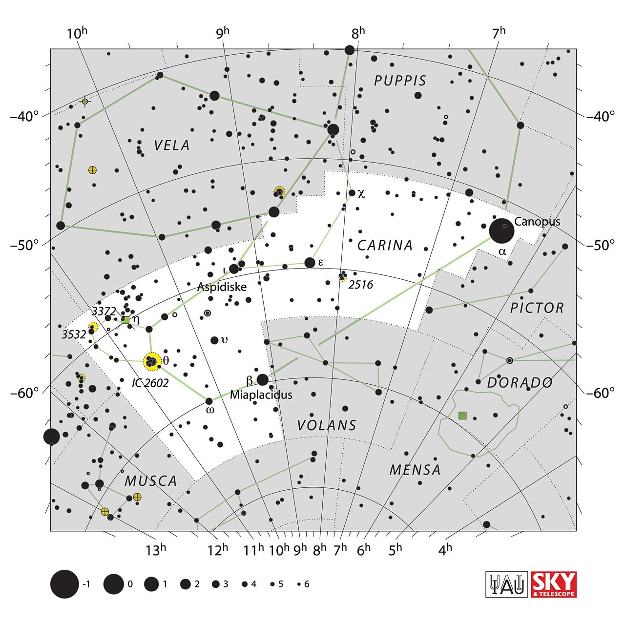 The location of the Carina Constellation is displayed in a star map by IAU from the Sky & Telescope magazine.