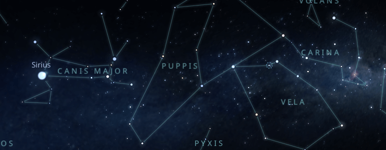 The shape and the main stars of Carina constellation alongside the neighboring constellations in outer space.