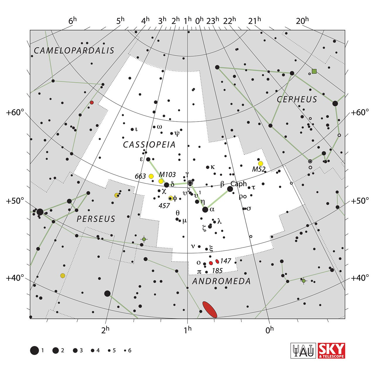 The location of the Cassiopeia Constellation is displayed in a star map by IAU from the Sky & Telescope magazine.