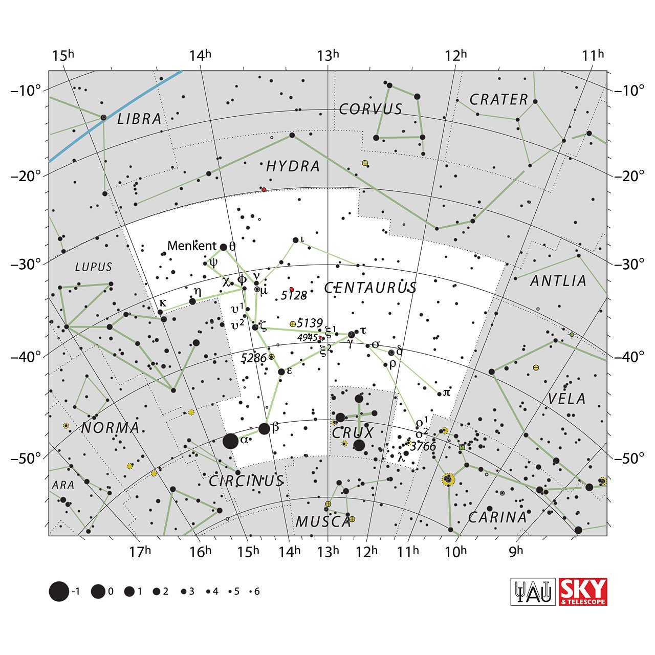 The location of the Centaurus Constellation is displayed in a star map by IAU from the Sky & Telescope magazine.