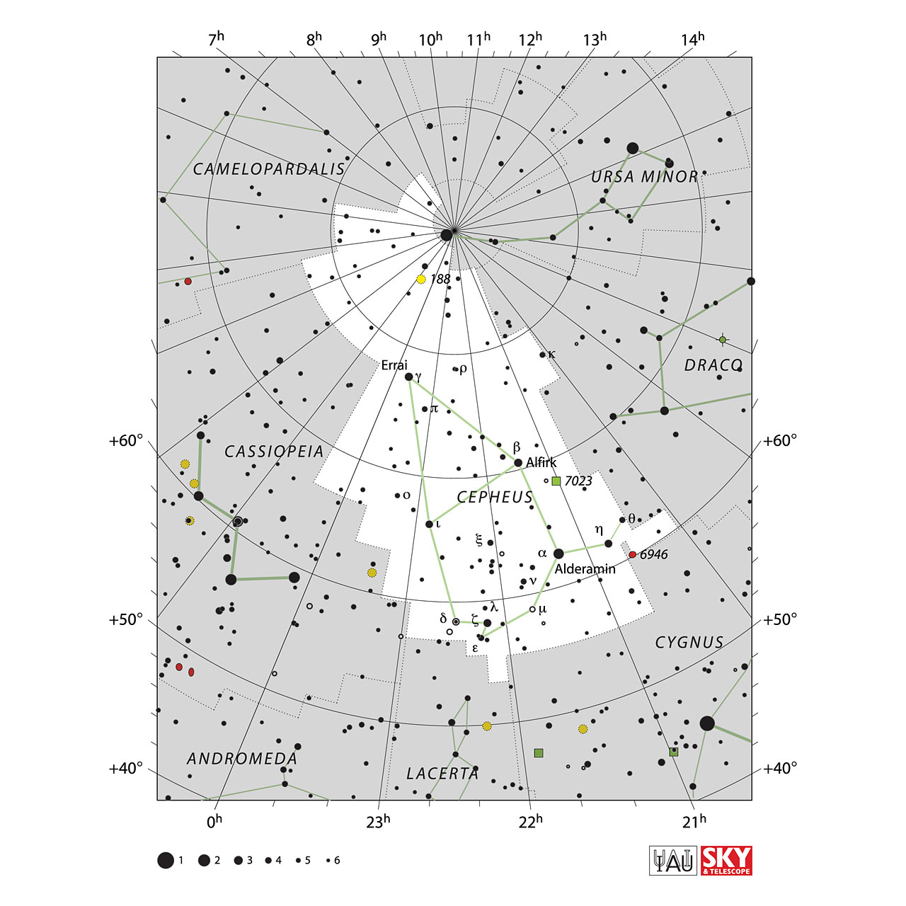 The location of the Cepheus Constellation is displayed in a star map by IAU from the Sky & Telescope magazine.