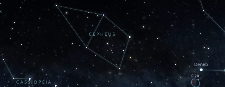 The shape and the main stars of Cepheus constellation alongside the neighboring constellations in outer space.