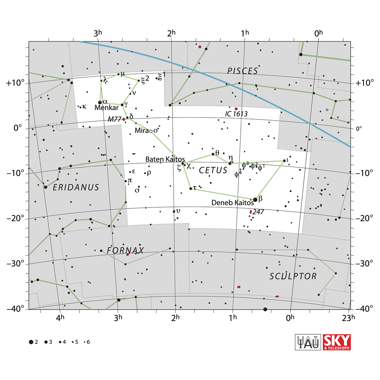 The location of the Cetus Constellation is displayed in a star map by IAU from the Sky & Telescope magazine.