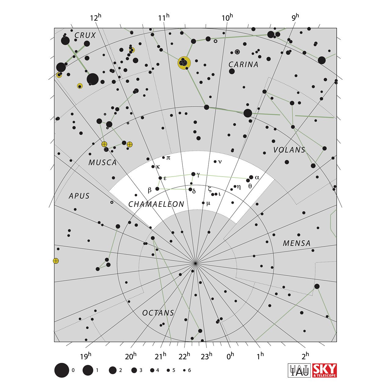 The location of the Chamaeleon Constellation is displayed in a star map by IAU from the Sky & Telescope magazine.