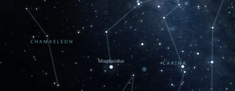 The shape and the main stars of Chamaeleon constellation alongside the neighboring constellations in outer space.