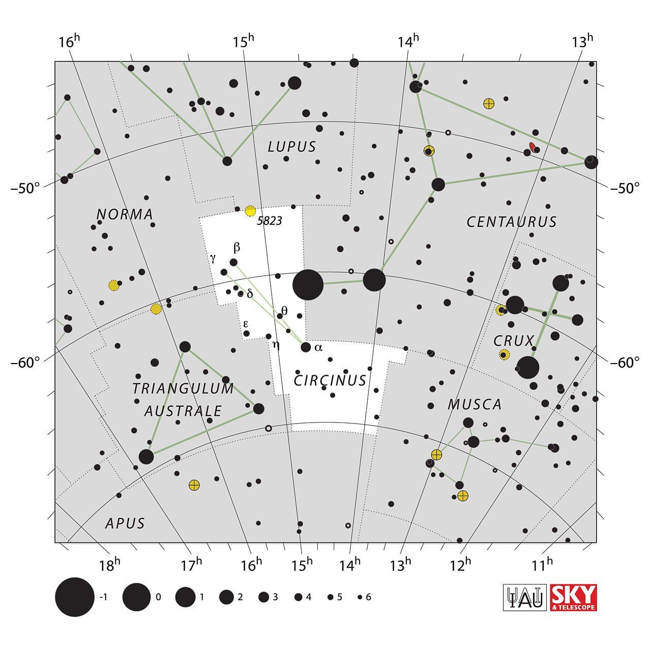 The location of the Circinus Constellation is displayed in a star map by IAU from the Sky & Telescope magazine.