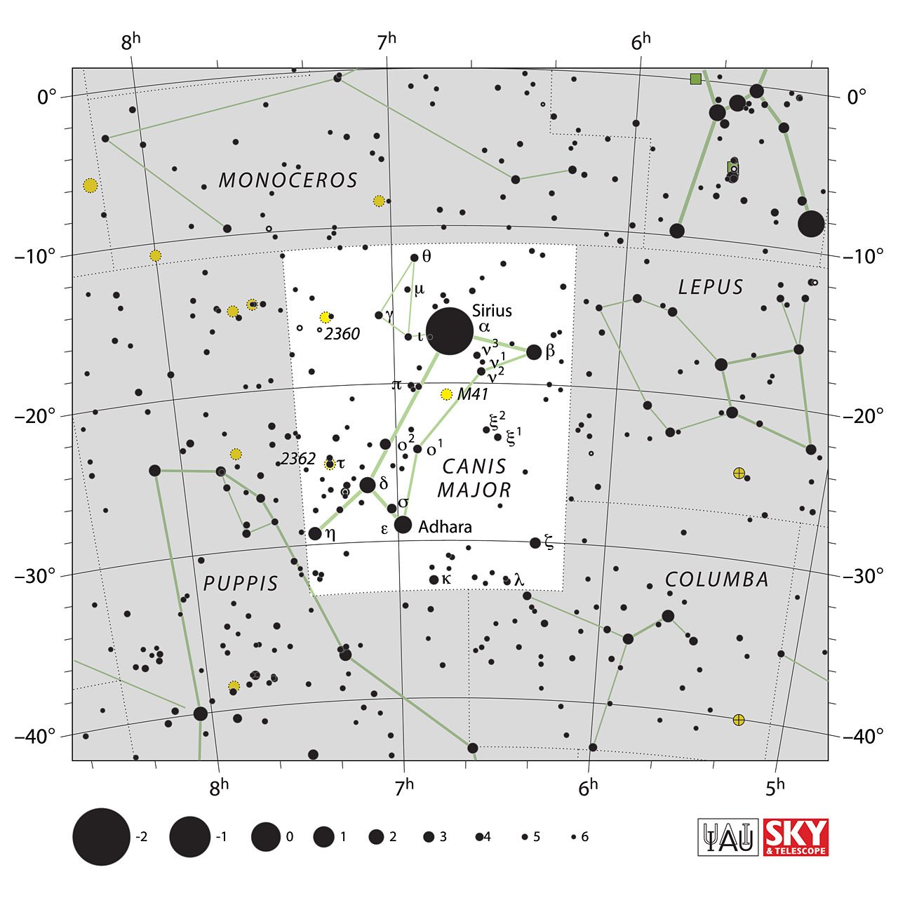 The location of the Canis Major Constellation is displayed in a star map by IAU from the Sky & Telescope magazine.