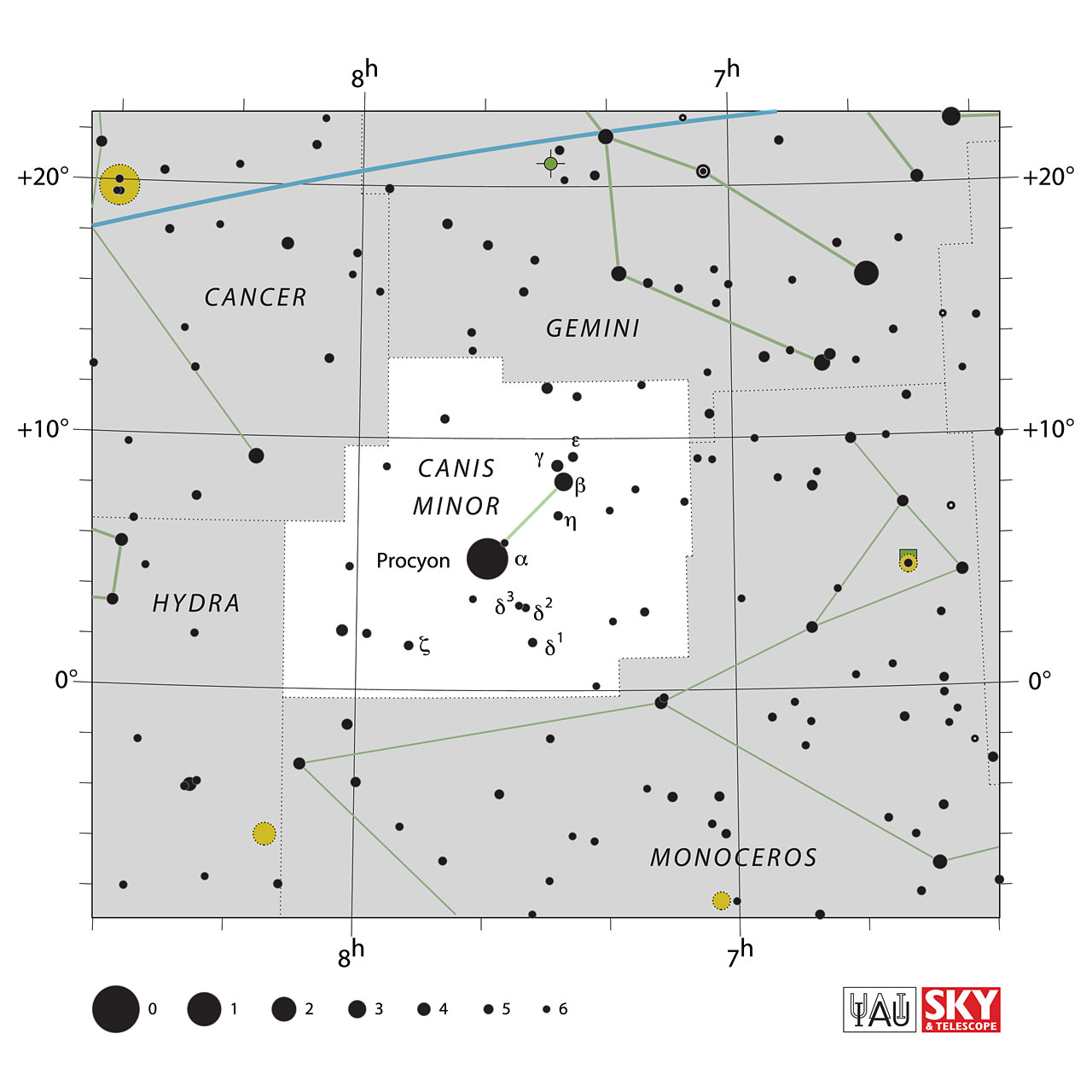 The location of the Canis Minor Constellation is displayed in a star map by IAU from the Sky & Telescope magazine.