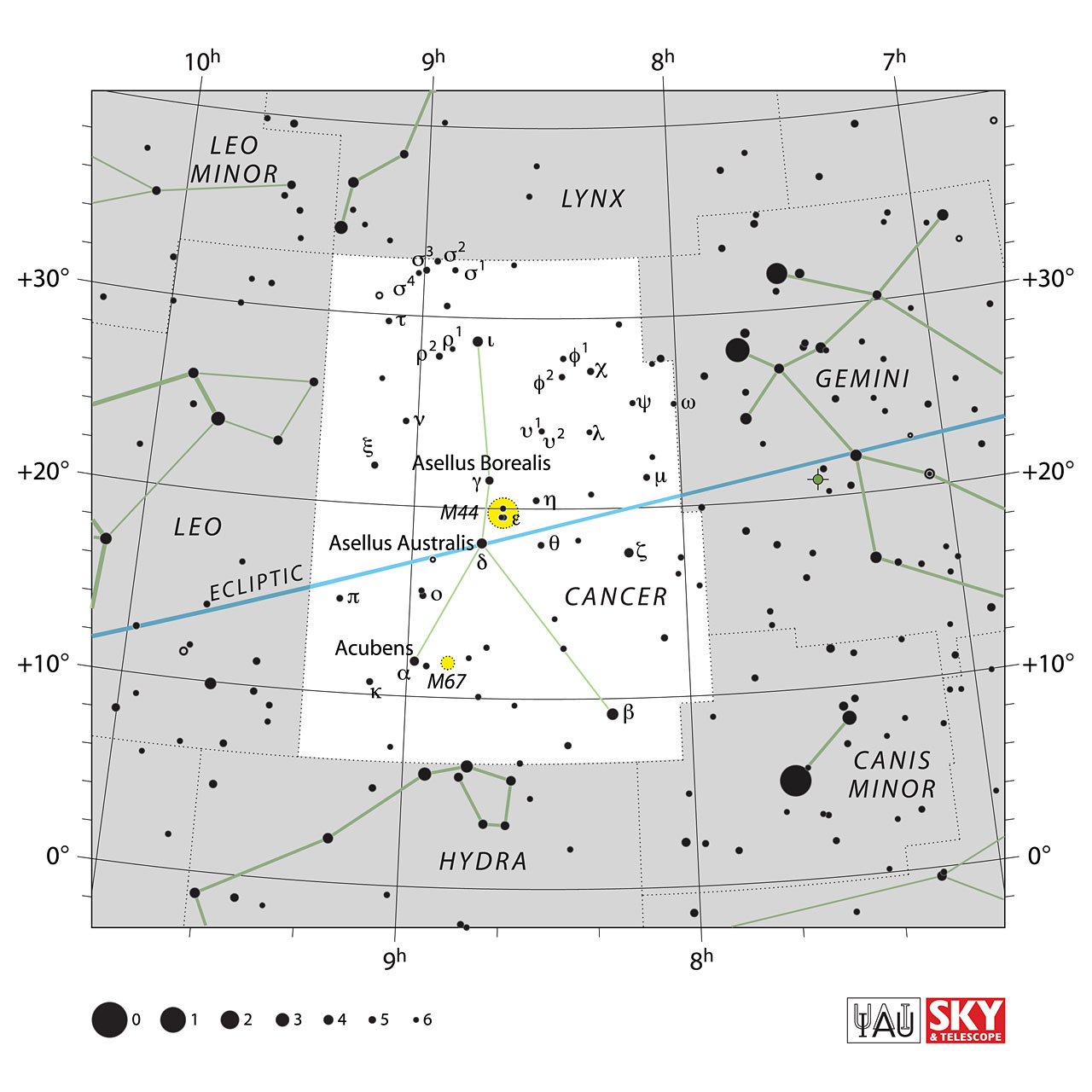 The location of the Cancer Constellation is displayed in a star map by IAU from the Sky & Telescope magazine.